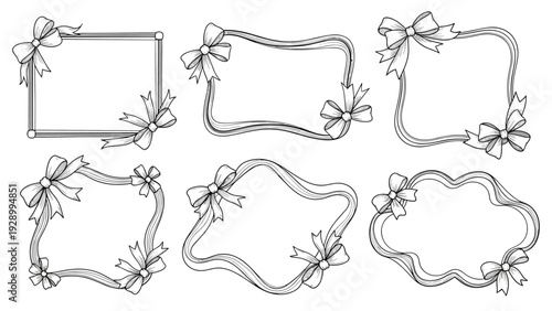 Collection of six hand drawn decorative frames of various shapes adorned with delicate ribbons and tied bows.