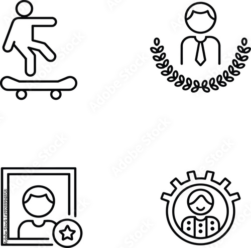 Professional profile icon set with skateboarding man, award laurel wreath, user star and gear management