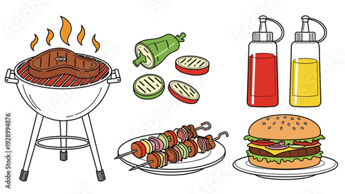 Set of colorful barbecue elements including a grill with steak, a juicy hamburger, sauces, and vegetable skewers.