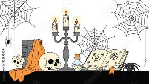 Spooky Halloween scene on a shelf featuring a skull, old books, a candelabra, magical potions, and thick cobwebs.