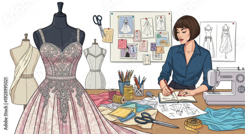Fashion designer creating custom evening gown in studio with mannequins and sewing machine