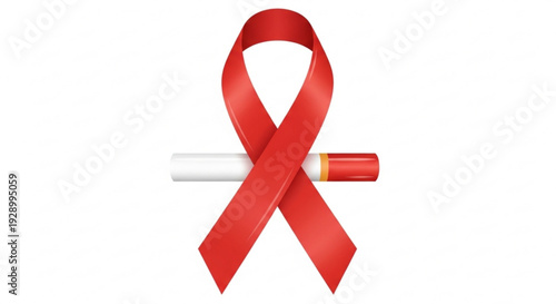 Red awareness ribbon with cigarette crossed out on white background symbolizing anti smoking campaign and health awareness