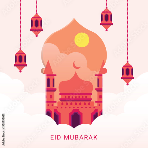Eid Mubarak Celebration Illustration With Mosque, Lanterns, Crescent Moon And Festive Ramadan Design