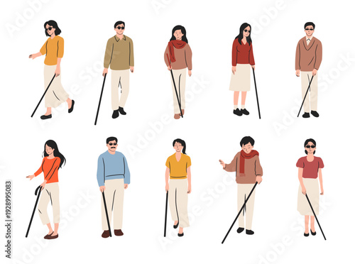 Disabled Person Walking with Cane Illustration Set