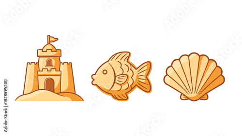 Set of three beach themed illustrations featuring a golden sand castle, a swimming fish, and a beautiful seashell.
