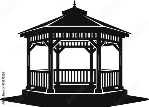 Gazebo pavilion silhouette isolated on white background, wooden garden gazebo structure vector illustration architectural outdoor design element