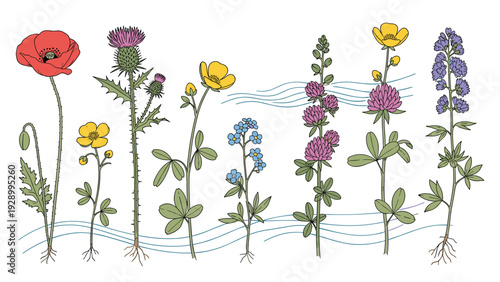 Detailed set of various meadow flowers including poppies and clovers shown with their full green stems and roots.