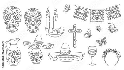 Detailed set of Dia de los Muertos icons featuring sugar skulls, candles, marigolds, and traditional papel picado.
