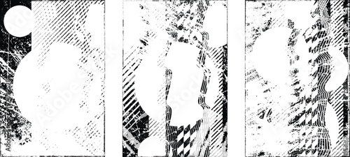 Glitch distorted grungy isolated layers . Design element for brochure, social media, posters, flyers. Overlay texture.Textured banner with Distress effect .Vector halftone dots . Screen print texture