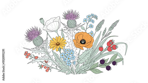 Colorful hand drawn bouquet featuring a variety of wildflowers, thistles, and ripe berries with green leaves.