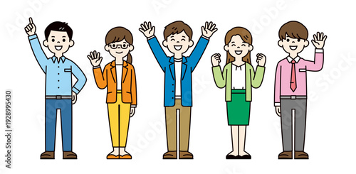 オフィス・企業で働く、複数の若い笑顔のビジネスパーソンの全身ベクターイラスト素材セット
