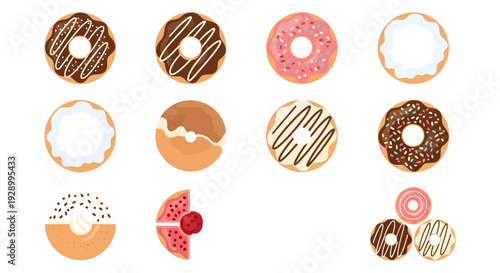 Set of assorted colorful donuts vector illustrations isolated on white background. Top view of various glazed doughnuts with sprinkles, chocolate icing, and sugar toppings for bakery menu