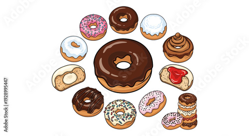 Delicious donut collection vector illustration with various toppings and fillings. Hand drawn set of glazed doughnuts, chocolate frosted, strawberry sprinkles, and cream filled donuts for bakery menu