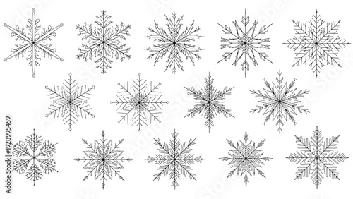 Collection of diverse intricate snowflake designs in black and white, perfect for winter holiday and Christmas decorations.