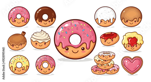 Kawaii Donut Vector Set, Cute Cartoon Doughnut Characters with Sweet Glaze and Sprinkles Illustration