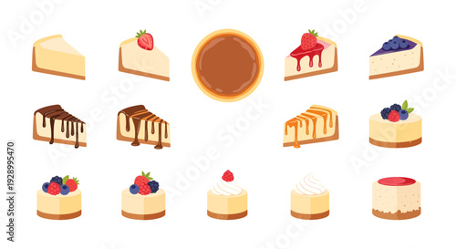 Set of Isolated Cheesecake Slices and Mini Cakes with Various Toppings and Berries Flat Vector Illustration