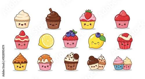 Kawaii Cupcake Sticker Set, Cute Sweet Dessert Vector Icons with Funny Faces, Cartoon Muffin Collection for Planner and Decoration