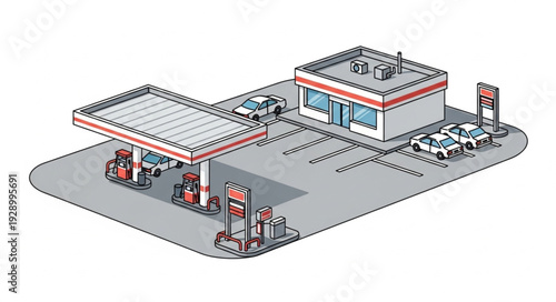 Gas station with cars, a convenience store, and fuel pumps on a gray surface.