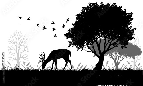 Black silhouette of a grazing deer under a tree with flying birds in a peaceful woodland landscape, perfect for nature, wildlife, forest, and outdoor-themed logo, poster, and graphic design projects