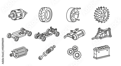 Detailed illustration of various mechanical components and parts for engineering and design.
