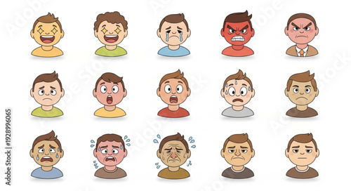 Cartoon expressions of diverse children displaying various emotional states and feelings.