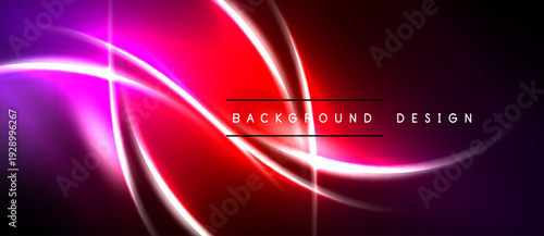 Abstract neon lines create vibrant red, purple glow. Dark background emphasizes bright curves, modern design element.