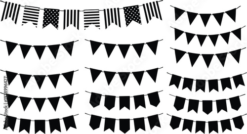 Large collection of black bunting flags and party garland silhouettes with various shapes and patterns for celebration decoration events birthdays and festive carnival background