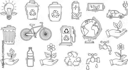 Eco-Friendly Icons Set Featuring Recycling, Sustainability, Green Energy, and Environmental Protection Symbols