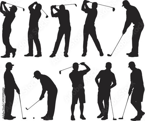 Large collection of black silhouettes featuring male golfers swinging clubs putting and standing in various active sports poses isolated on a white background