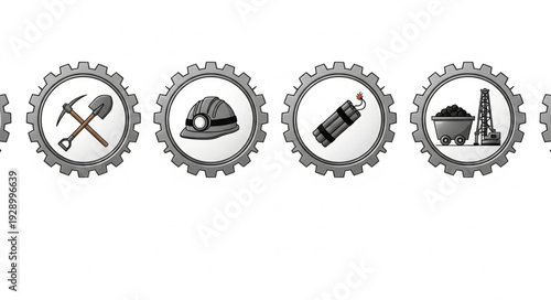 Mining industry icons depicting various tools and equipment for extraction and production.