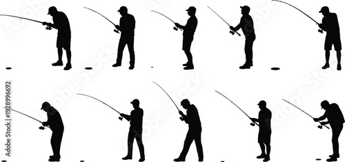 Large collection of black silhouettes featuring male fishermen standing and holding fishing rods while angling in various active poses isolated on white background