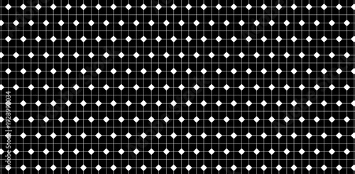 Black and white grid pattern with thin lines and diamond dots at each intersection, minimalist, symmetrical.