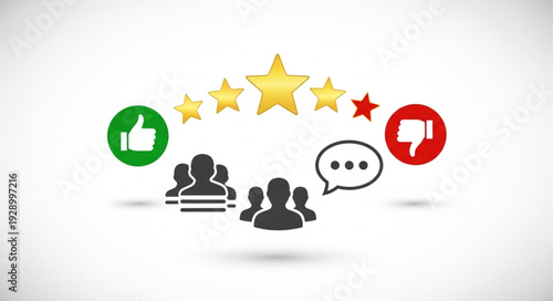 Customer feedback and satisfaction rating icons with stars and people silhouettes.