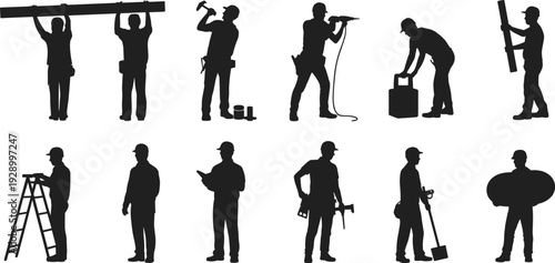 Large collection of black silhouettes featuring professional construction workers and contractors using tools ladders and drills isolated on white background for industrial maintenance and building