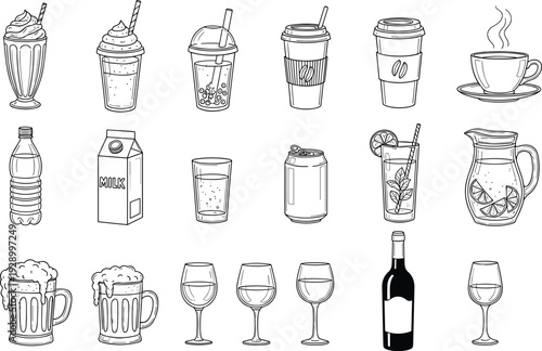 Drink Icons Set Featuring Various Beverages, Glasses, Bottles, and Cups