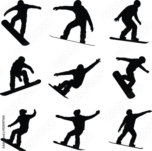 Large collection of black silhouettes featuring snowboarders jumping performing tricks and riding on snowboards isolated on white background for winter sports and extreme activity