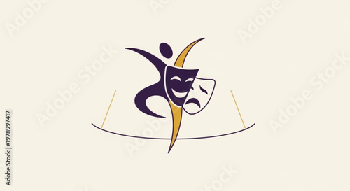 Theatrical masks and dancer logo drama symbol with comedy and tragedy faces performance art icon on beige background