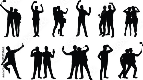 Large collection of black silhouettes featuring young men and women taking selfies alone and in groups with smartphones isolated on white background for social media