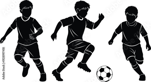Children playing soccer silhouette illustration set, young football players in action with ball, youth sports activity concept, outdoor game training vector design