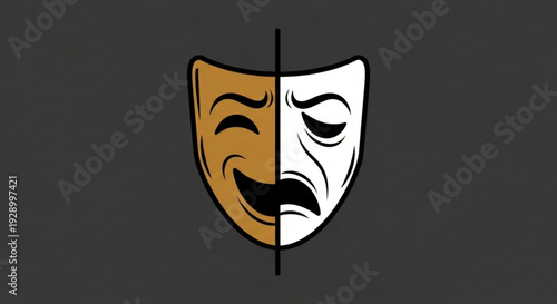 Theatrical masks with happy and sad expressions on dark background symbolizing drama and emotions