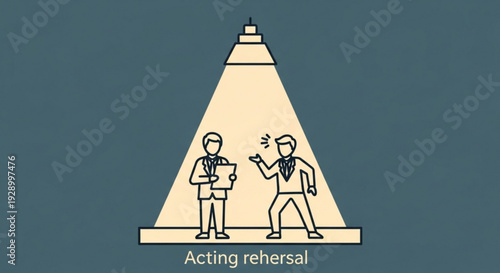 Two actors in spotlight practicing acting skills during rehearsal on stage with script