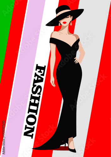 069-44-Glamorous fashion model in a black gown and wide-brimmed hat against a striped background