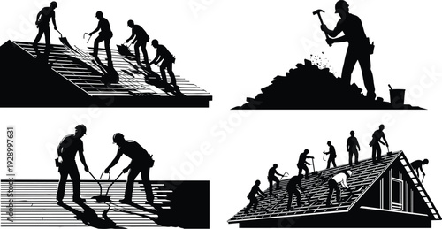 Construction workers repairing house roof silhouette illustration, professional labor team working on building renovation, industrial construction process, safety work concept design