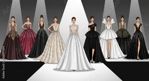 Fashionable women in elegant evening gowns on a catwalk formal wear runway models luxury dresses