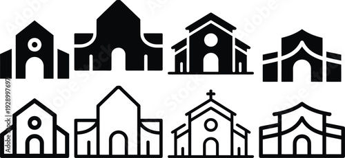 Assortment of church and chapel silhouette and outline icons for religious design