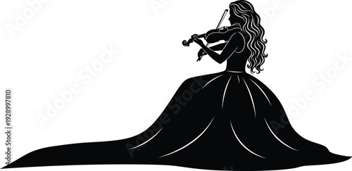 Elegant woman playing violin silhouette illustration, classical music performance concept, long dress, artistic musician pose, black and white vector isolated on white background