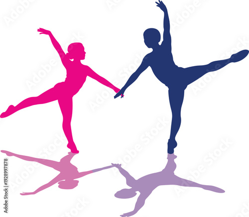 Pink and blue silhouettes of a male and female ballet dancer performing an elegant pose with reflections isolated on white background for arts design