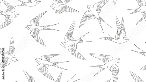 Graceful flying swallows seamless pattern in black and white line art style for sophisticated textile and wallpaper designs.