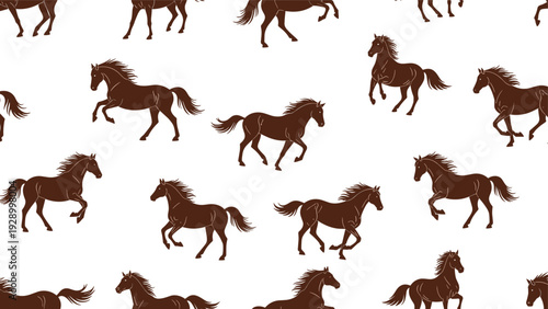Energetic brown galloping horses seamless pattern on white background for equestrian and western themed textile designs.