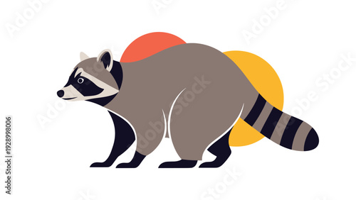 Modern raccoon illustration with grey fur and mask walking past colorful circular shapes on a clean white background.
